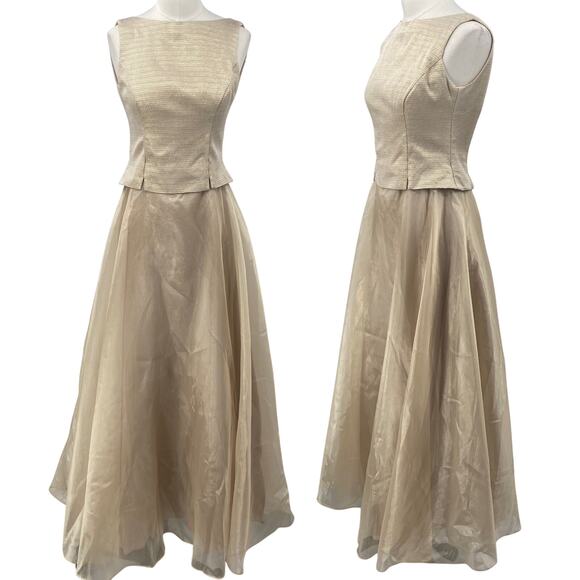 Vintage 90s Evening Gown Full Skirt Iridescent Organza High Neck Metallic Gold - Picture 1 of 9